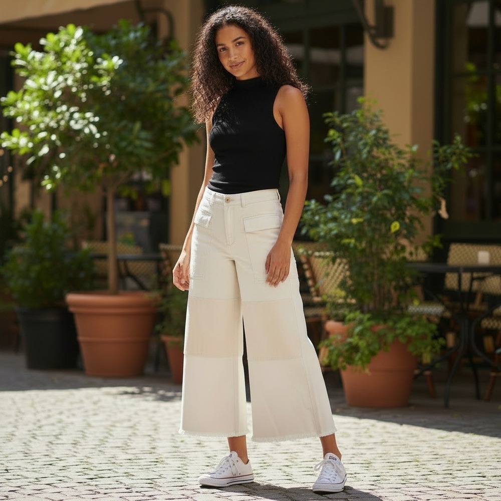 Polo Ralph Lauren Utility Pants 8 Ecru Wide Leg Raw Hem Paneled Coastal Grandma